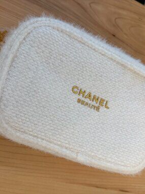 CHANEL Cream Wool Cosmetic Pouch with Gold Logo